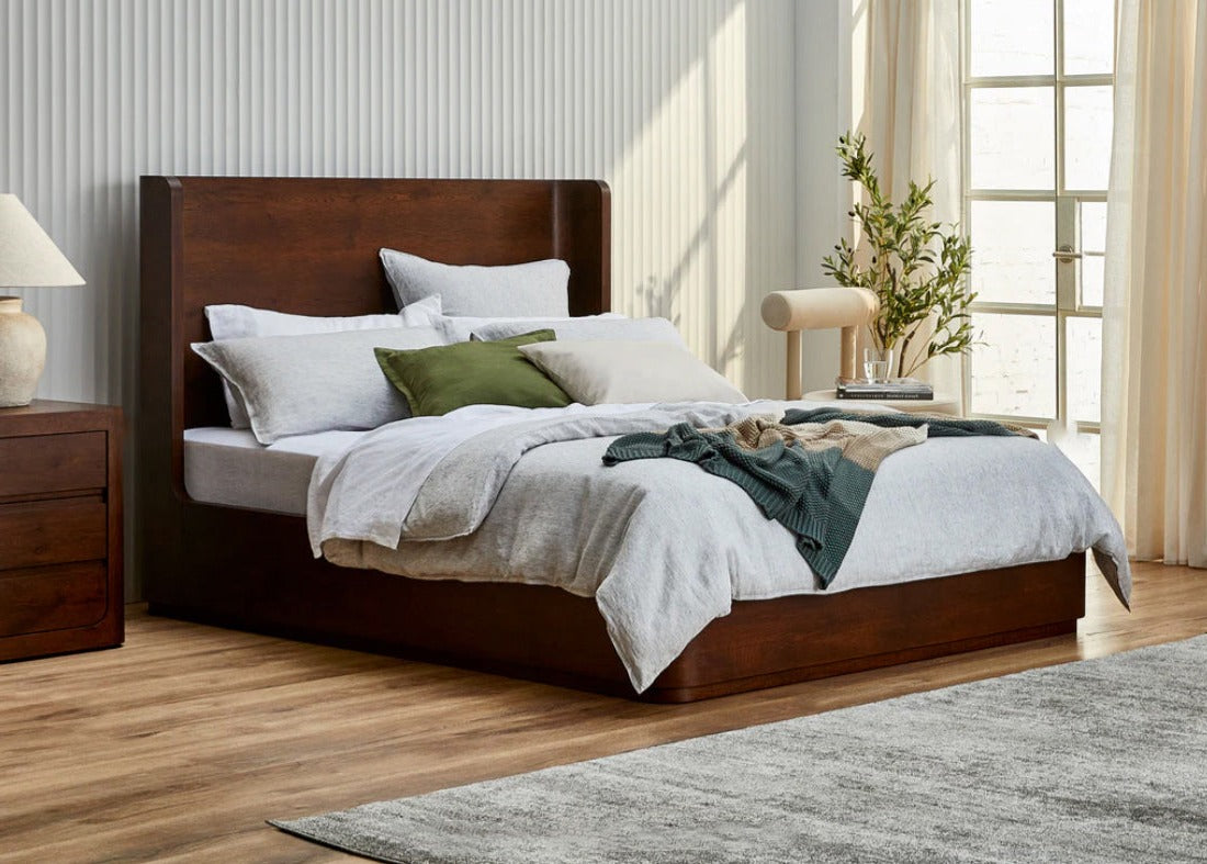 BOWER Queen Platform Bed Curved Oak with Aged Oak finish