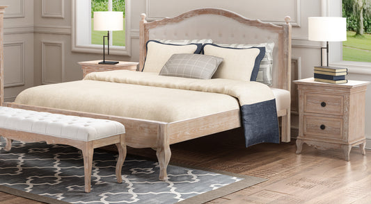 FABIAN Queen European White Oak & Upholstered Bed - LOW FOOT END