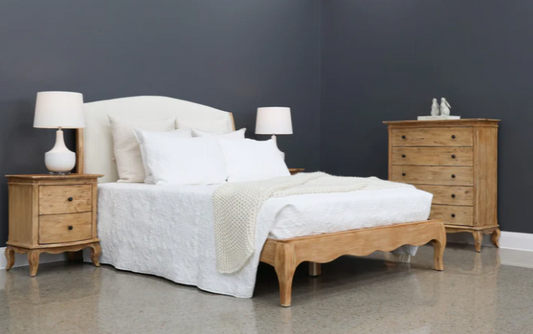 French Provincial King Bed Aacia & Upholstered Weathered Provincial Finish