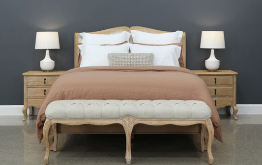 Mt Eden Queen Bed Upholstered and White Oak Wood