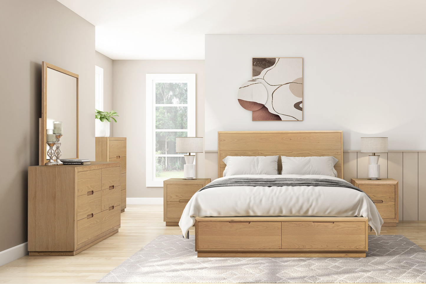 Melody Oak Queen Storage Bed with USB/C Charging & LED Headboard Light