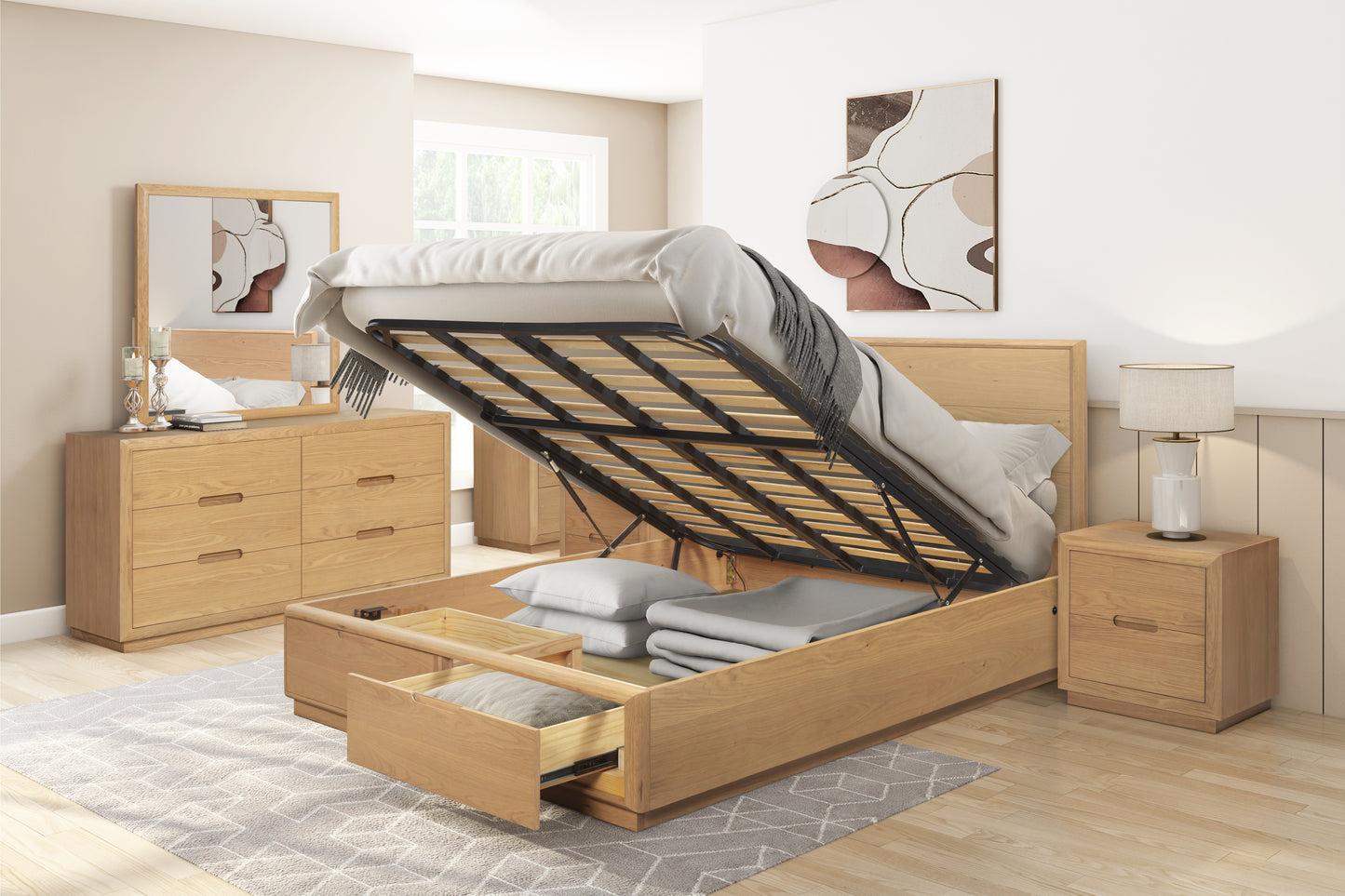 Melody Oak Queen Storage Bed with USB/C Charging & LED Headboard Light