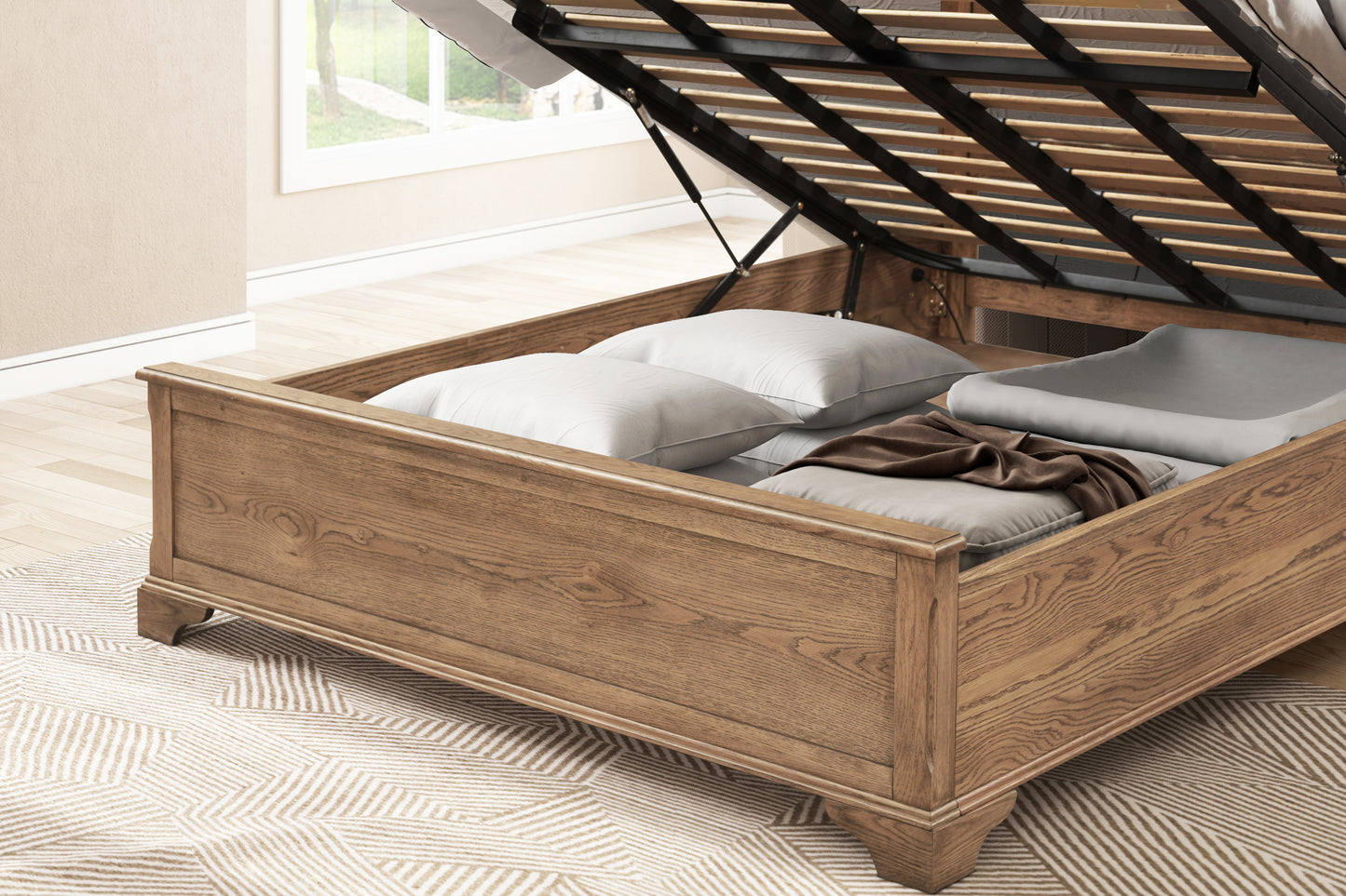 Dorset Ornate Oak King Bed with Gas Lift Storage