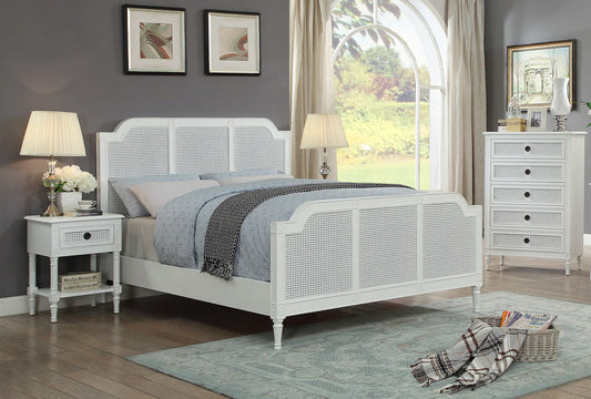 PALOMA Queen Bed French Style White "Distressed" Finish with Rattan