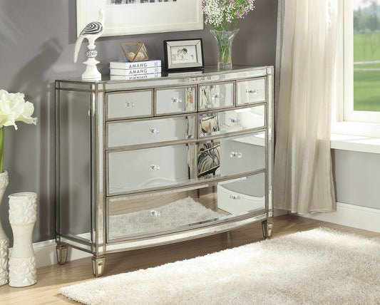 ROCHELLE Mirror Wide Chest 8 Drawers Antique Brushed Silver Wood Frame
