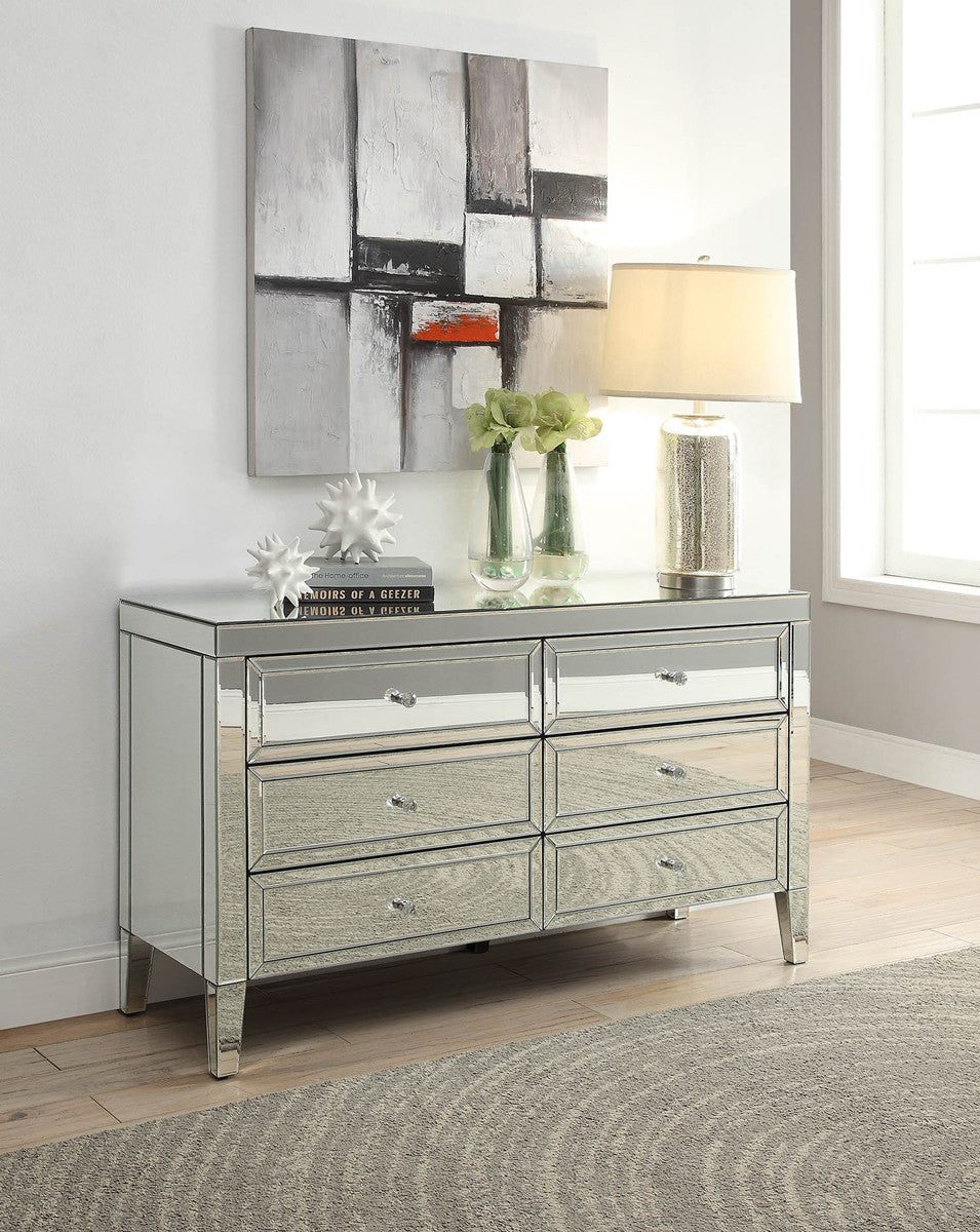 MAISON Silver Mirror 6 Drawer Low Chest Dressing Table