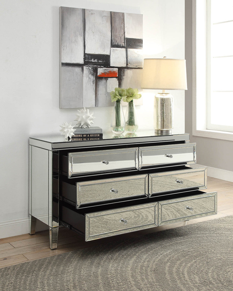 MAISON Silver Mirror 6 Drawer Low Chest Dressing Table
