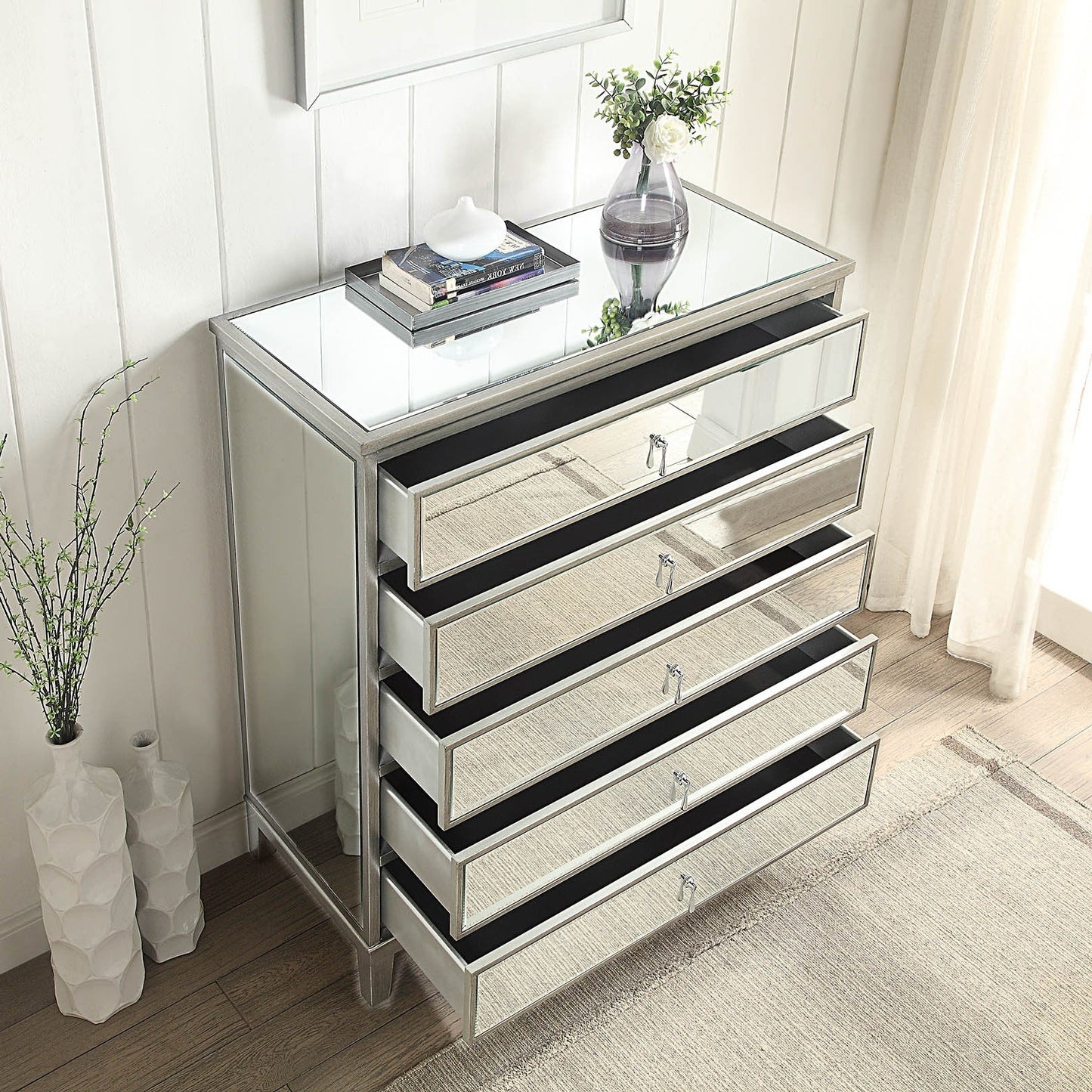 GATSBY Mirrored Tallboy Antique Brushed Silver