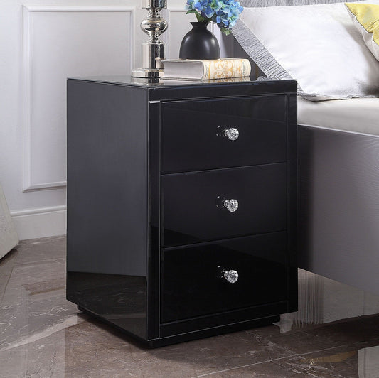 VENICE Black Glass Mirrored 3 Drawer Bedside Table