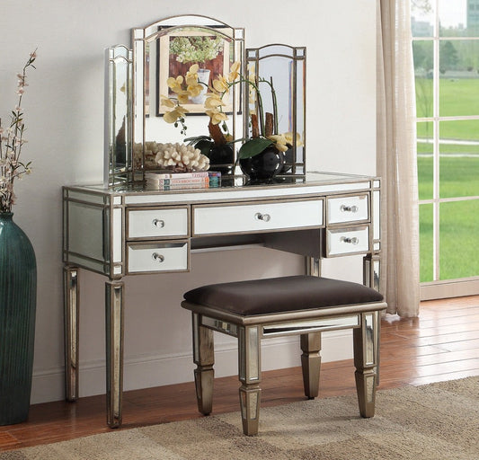 ROCHELLE Mirror Dressing Table 5 Drawers Antique Brushed Silver Wood Frame