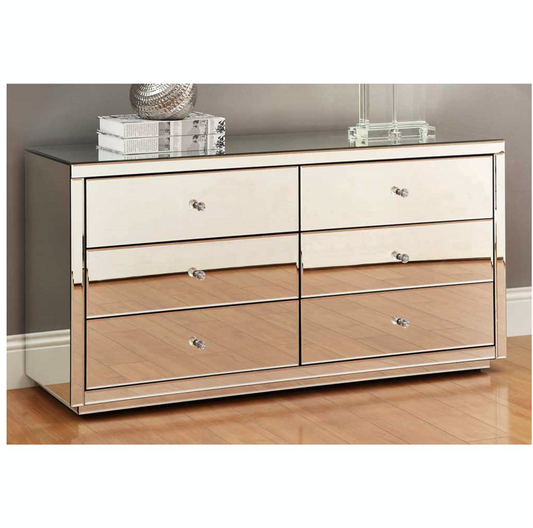 VENICE Silver Mirror Dressing Table Low Chest 6 Drawers