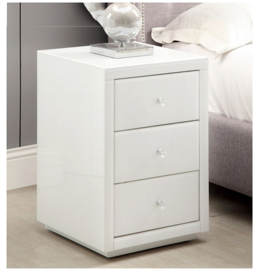 VEGAS White Glass Bedside Table 3 Drawer with Crystal Effect Handle