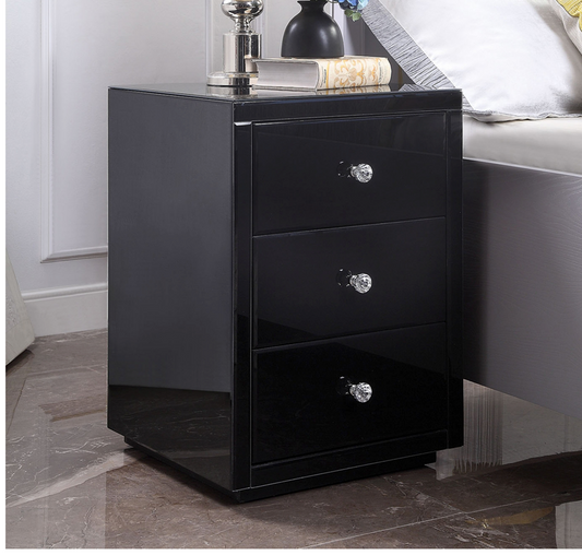 VEGAS Black Glass Bedside Table 3 Drawer with Crystal Effect Handle