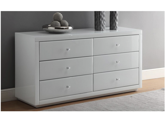 VEGAS White Glass Dressing Table Low Chest 6 Drawers