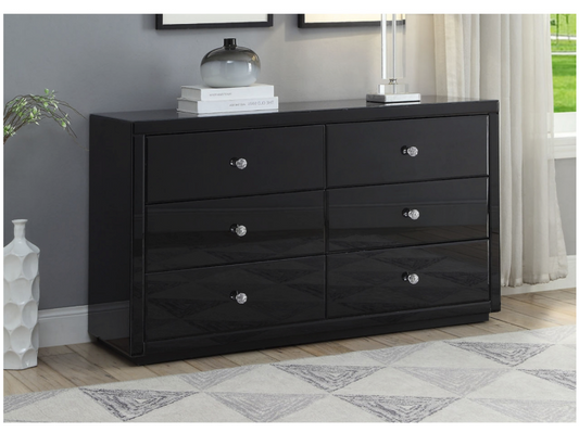 VEGAS Black Glass Dressing Table Low Chest 6 Drawers