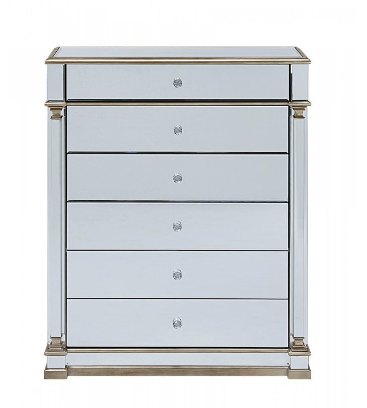 Athena Mirrored Tallboy 5 Drawers Antique Brushed Silver Wood Frame Crystal Handle