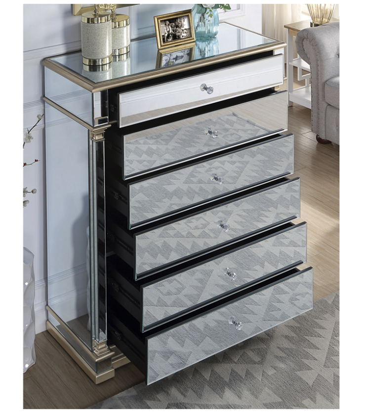 Athena Mirrored Tallboy 5 Drawers Antique Brushed Silver Wood Frame Crystal Handle