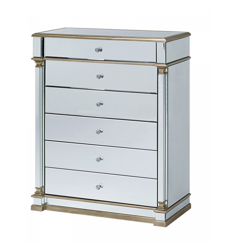 Athena Mirrored Tallboy 5 Drawers Antique Brushed Silver Wood Frame Crystal Handle