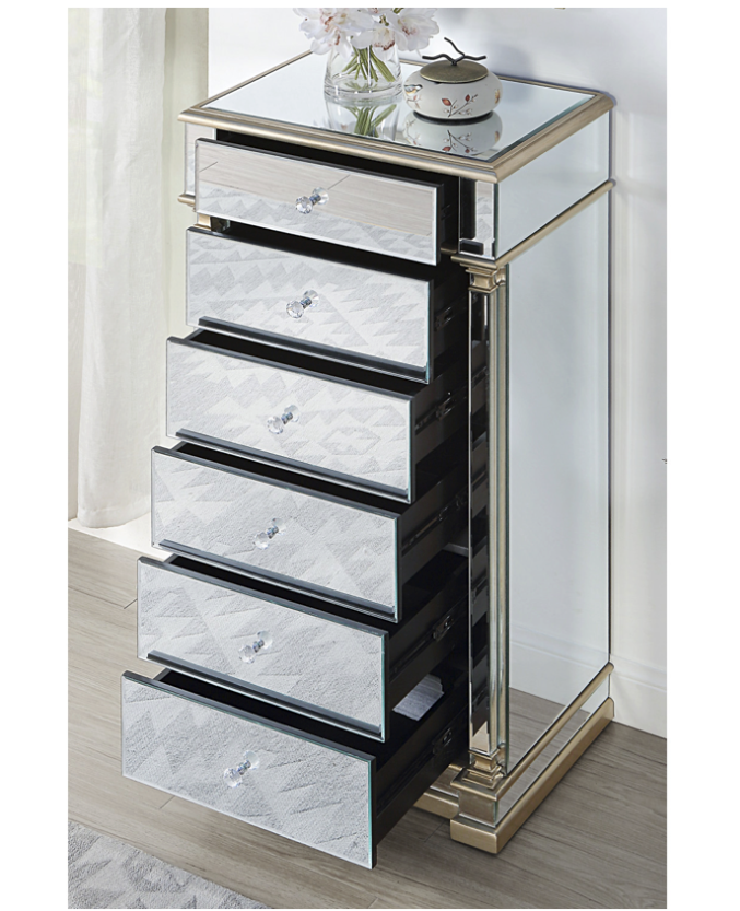 Athena Mirrored Narrow Chest 5 Drawers Antique Brushed Silver Wood Frame