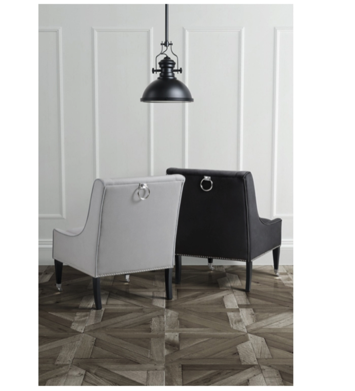 Lauren Plush Armchair Grey Velvet With Chrome Details and Front leg wheels