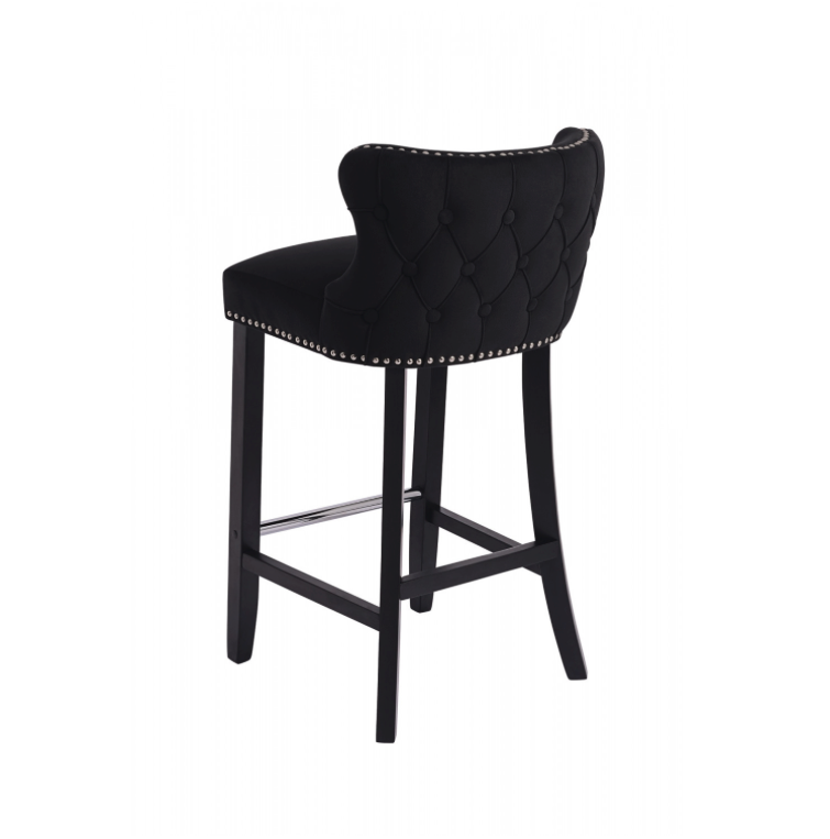 Margonia Bar Stool Black Velvet Chrome Details Tufted Back Chrome Footrest