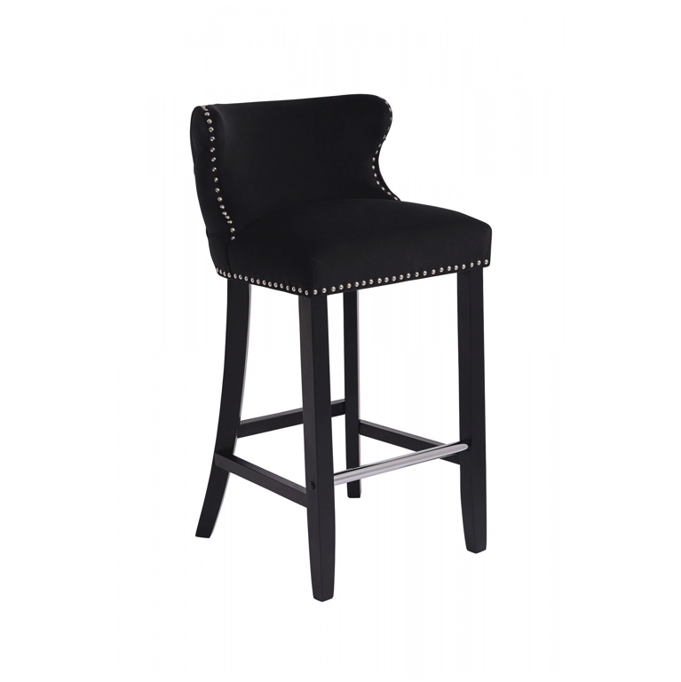 Margonia Bar Stool Black Velvet Chrome Details Tufted Back Chrome Footrest