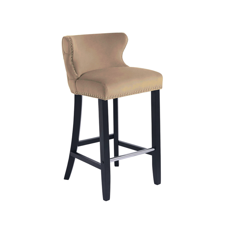 Margonia Bar Stool Taupe Velvet Chrome Details Tufted Back Chrome Footrest
