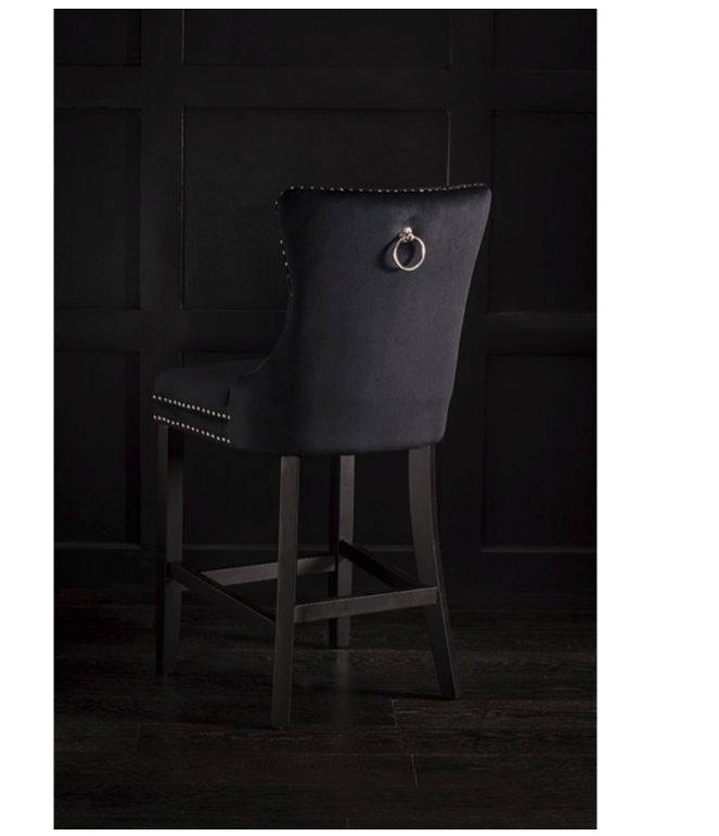 Antoinette Bar Stool Black Velvet Chrome Details & Rear Handle Tufted Seat-rest