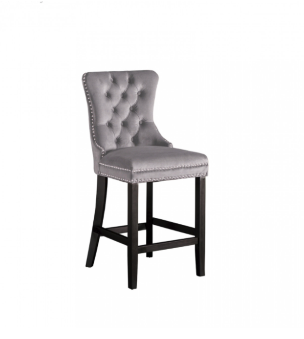 Antoinette Bar Stool Dove Grey Velvet Chrome Details & Rear Handle Tufted Seat-rest