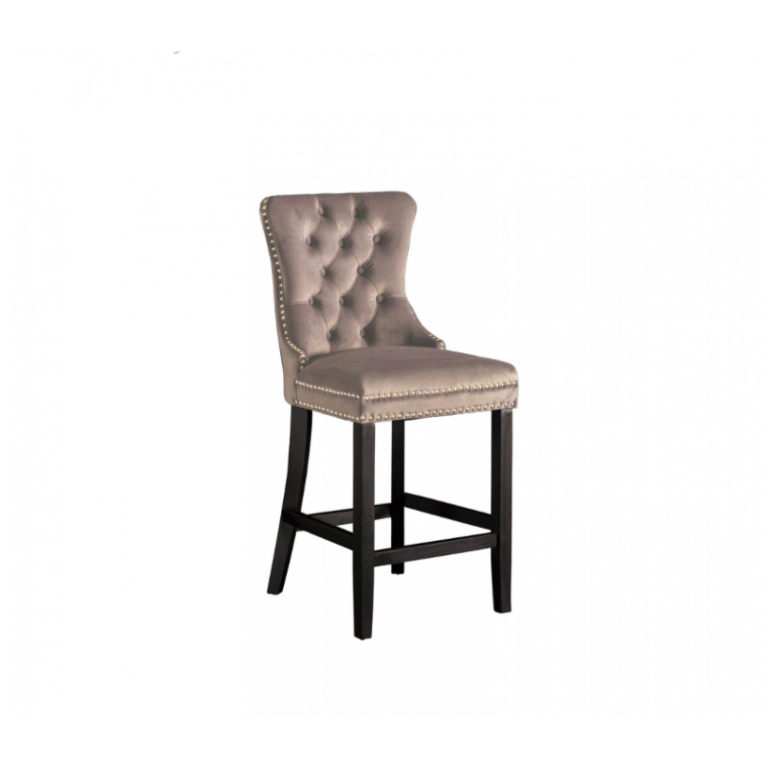 Antoinette Bar Stool Taupe Velvet Chrome Details & Rear Handle Tufted Seat-rest