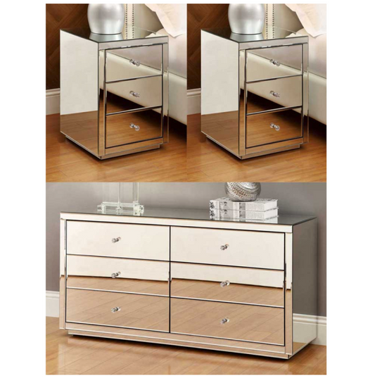 VEGAS Mirrored Bedside Tables and Dressing Table 3 Piece Package