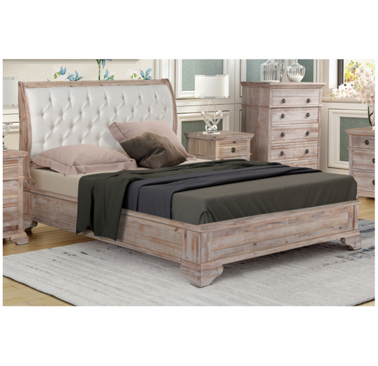 IBIZA Queen Bed Low Foot end with Tufted Upholstered Headboard Acacia Wood