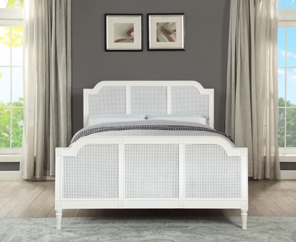 PALOMA King Bed French Style White "Distressed" Finish with Rattan