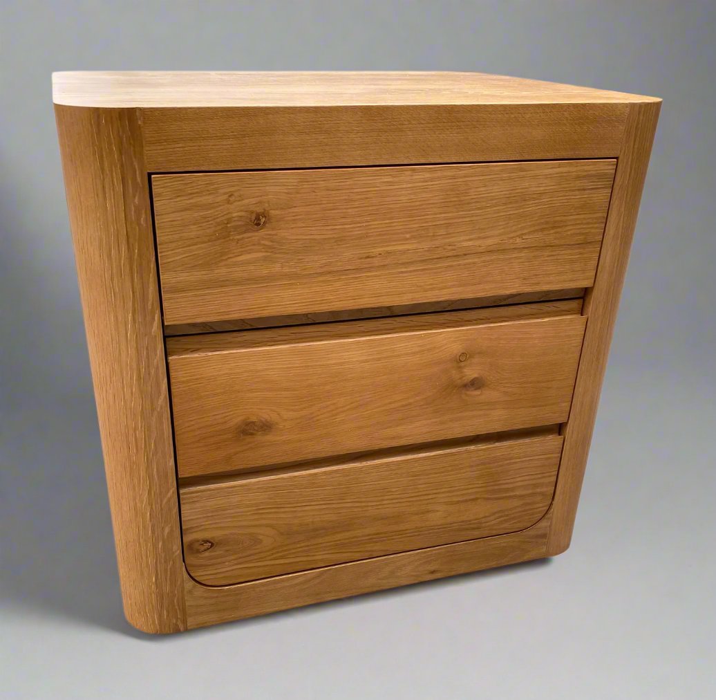 Bower Curved Oak 3 Drw Bedside Table - Natural