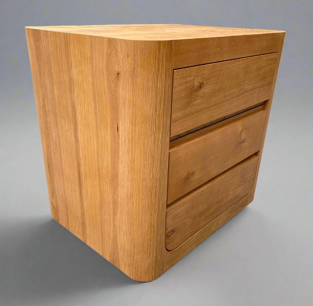 Bower Curved Oak 3 Drw Bedside Table - Natural