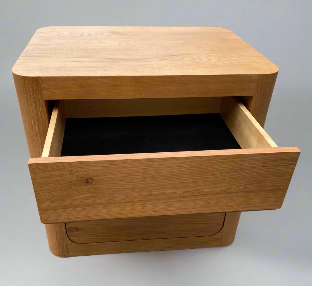 Bower Curved Oak 3 Drw Bedside Table - Natural