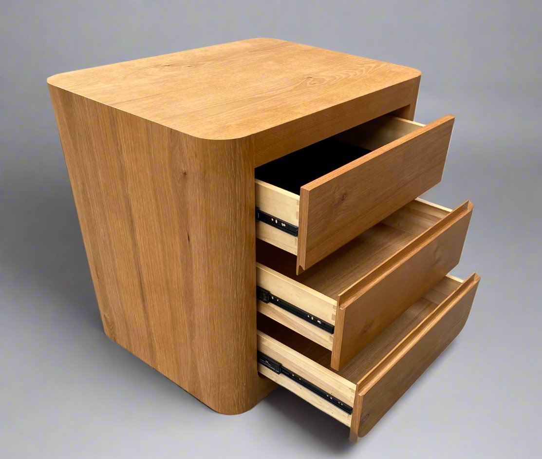 Bower Curved Oak 3 Drw Bedside Table - Natural