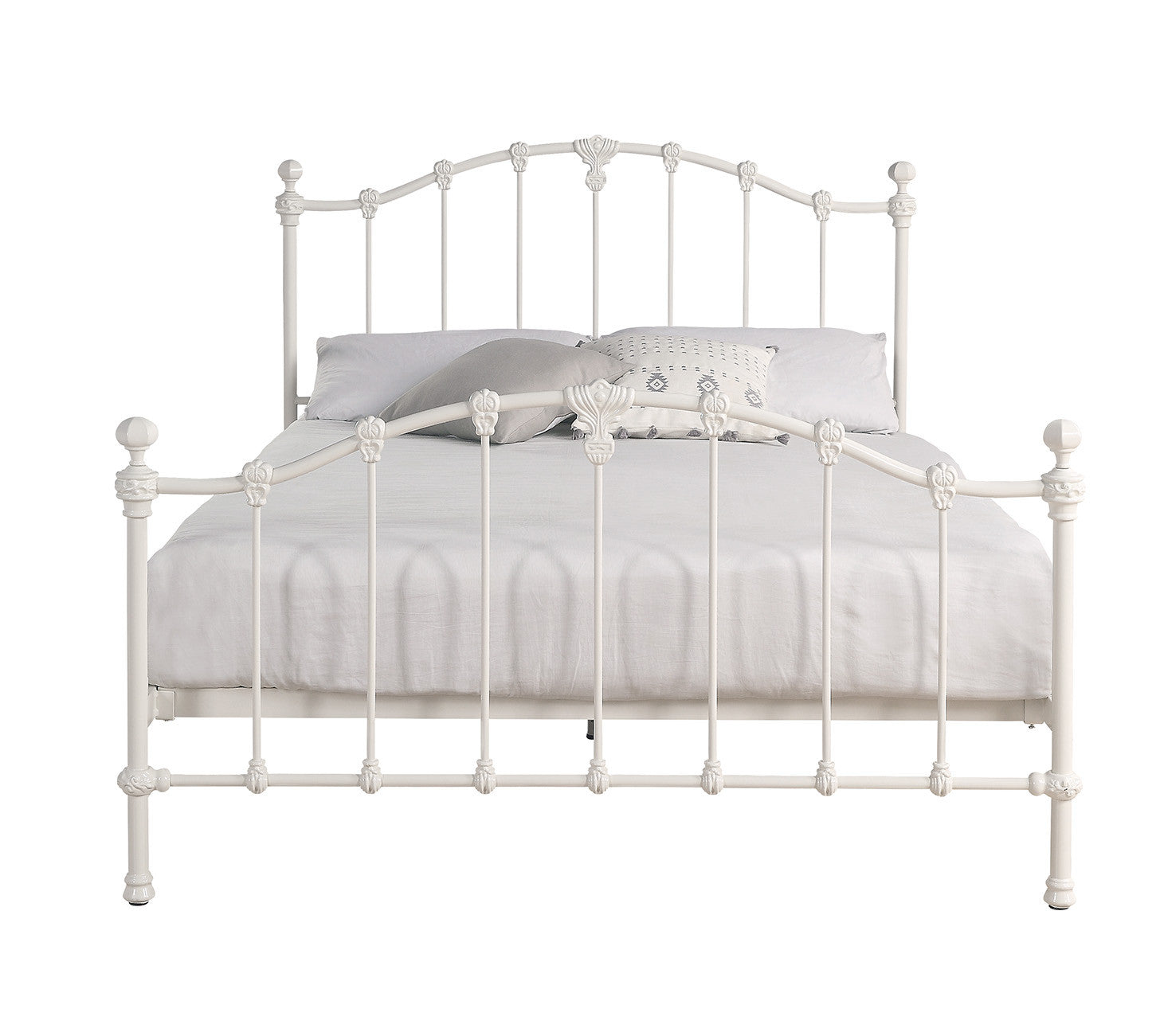 Footboard detail of Antique White wrought iron queen bed showing curved frame