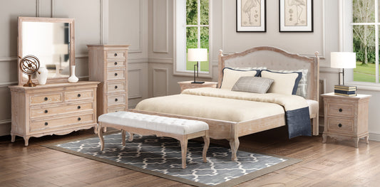 FABIAN Queen European White Oak & Upholstered Bed - LOW FOOT END