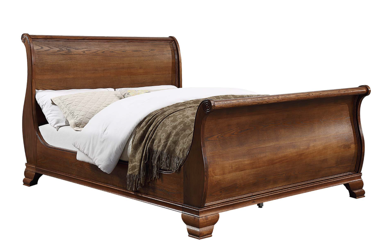 ASHLEIGH QUEEN Sleigh Bed Traditional Style Ash Wood Walnut Finish