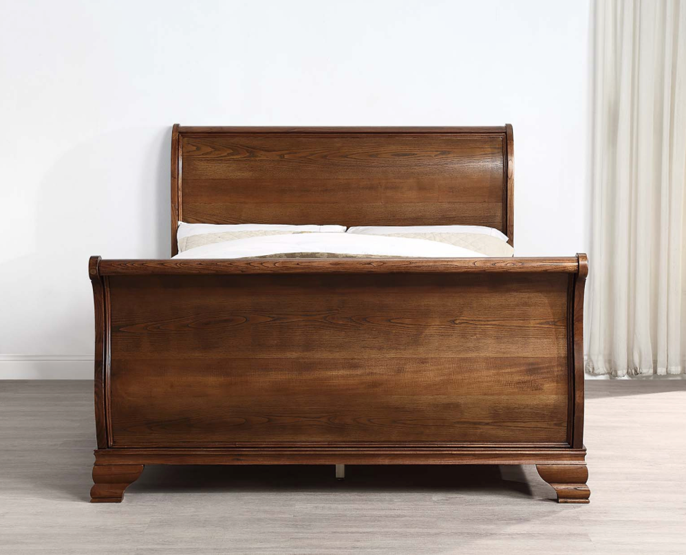 ASHLEIGH KING Sleigh Bed Traditional Style Ash Wood Walnut Finish