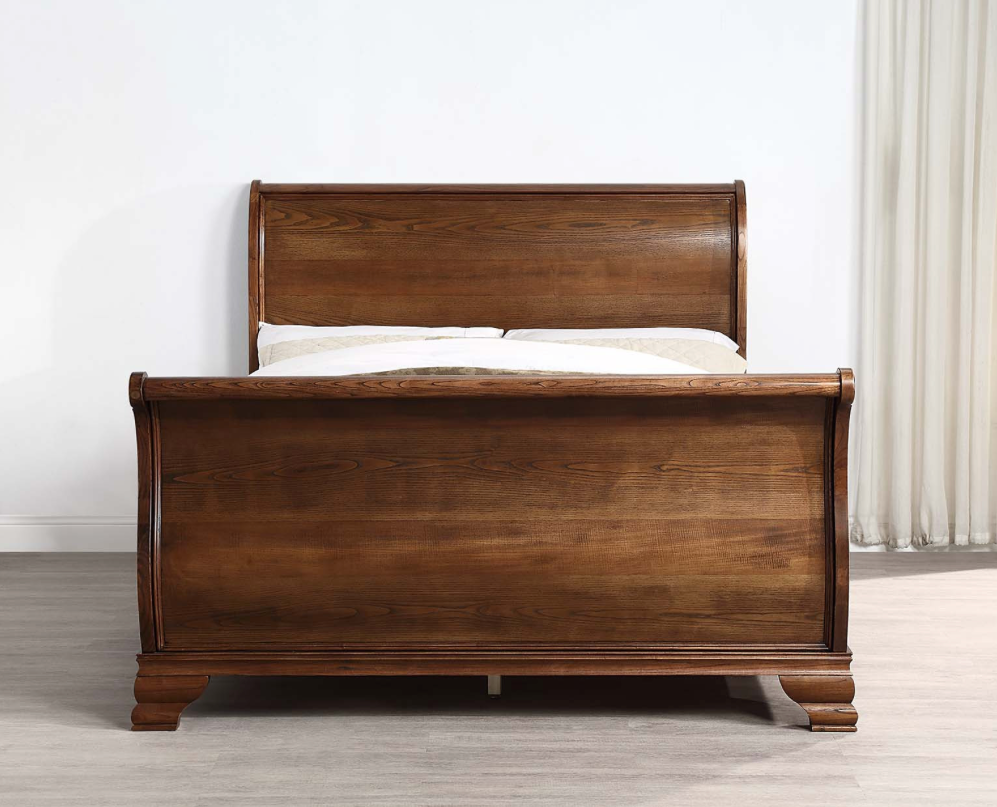 ASHLEIGH QUEEN Sleigh Bed Traditional Style Ash Wood Walnut Finish