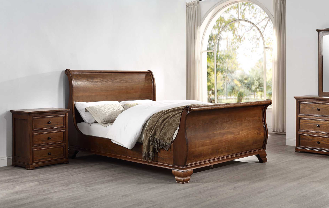 ASHLEIGH QUEEN Sleigh Bed Traditional Style Ash Wood Walnut Finish