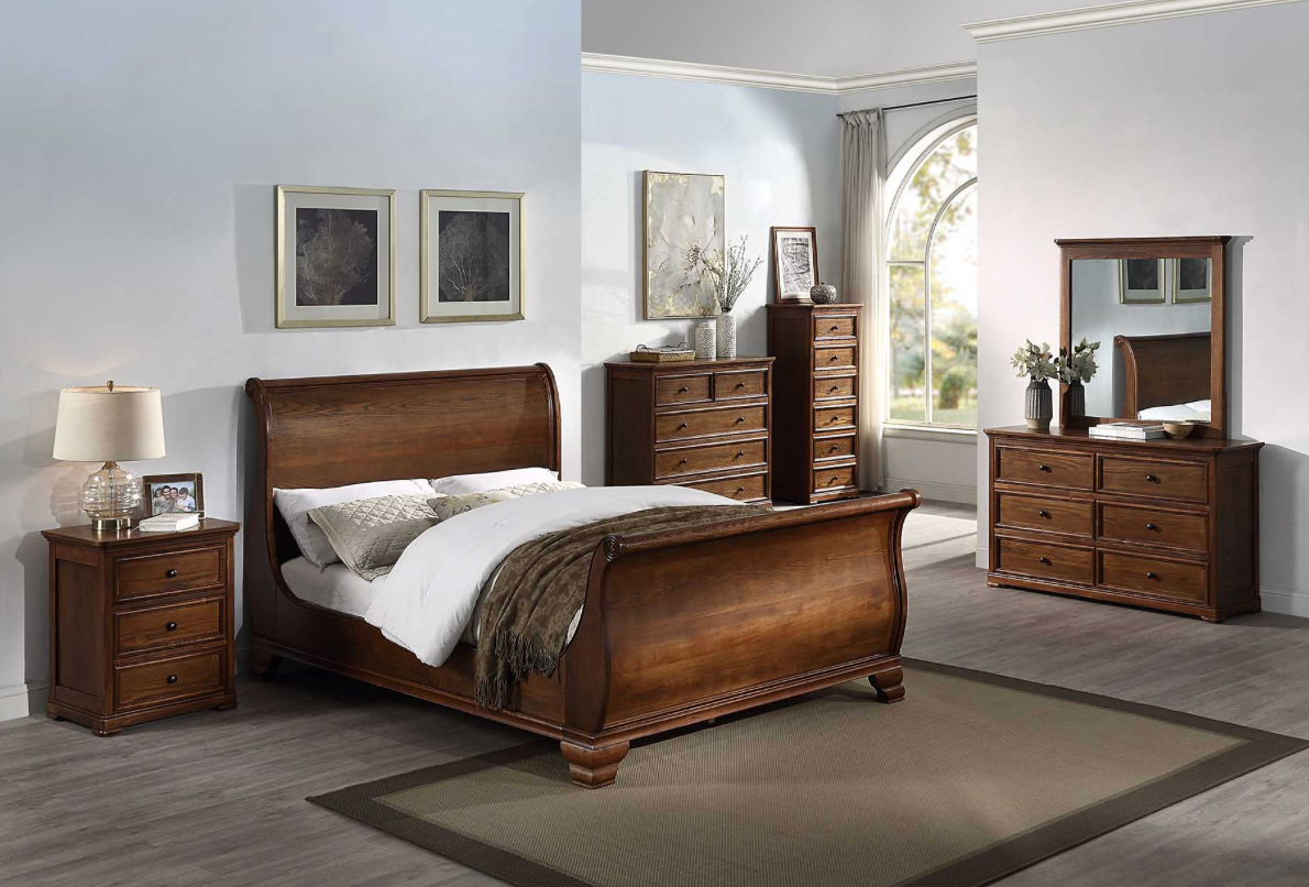 ASHLEIGH KING Sleigh Bed Traditional Style Ash Wood Walnut Finish