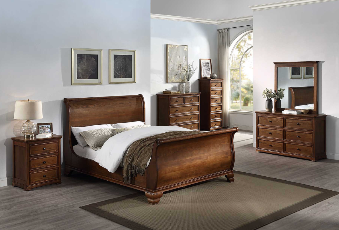 ASHLEIGH QUEEN Sleigh Bed Traditional Style Ash Wood Walnut Finish
