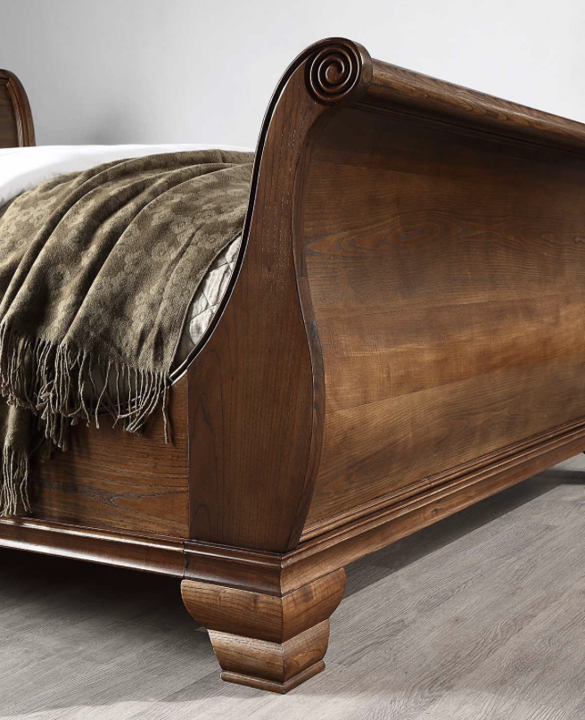ASHLEIGH KING Sleigh Bed Traditional Style Ash Wood Walnut Finish