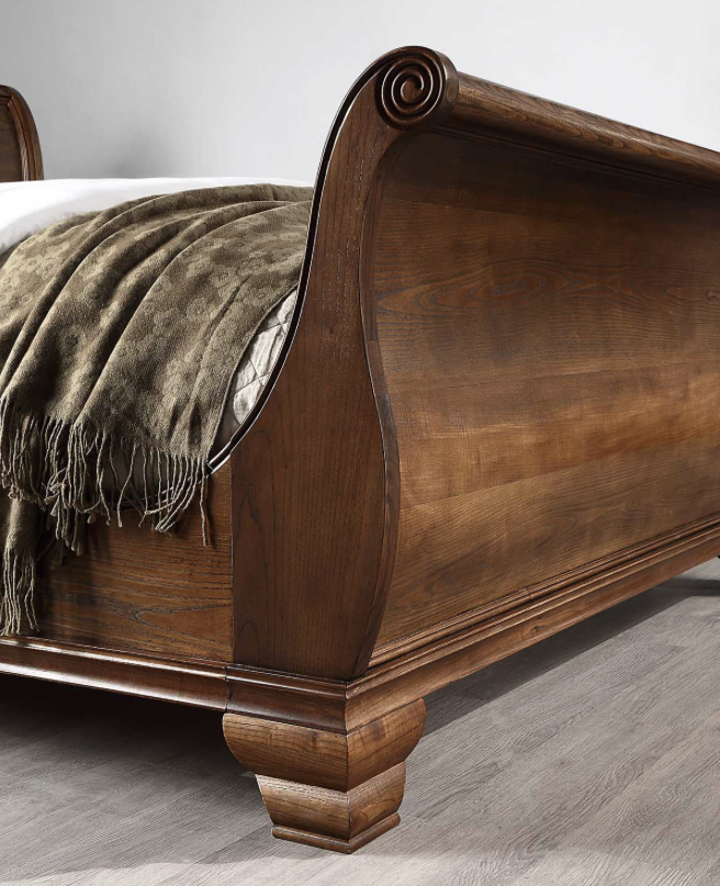 ASHLEIGH QUEEN Sleigh Bed Traditional Style Ash Wood Walnut Finish