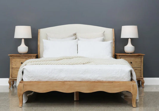 French Provincial King Bed Aacia & Upholstered Weathered Provincial Finish