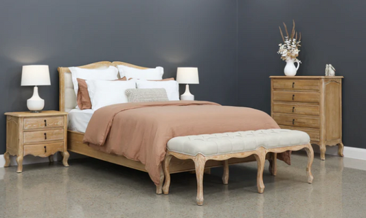 Mt Eden Queen Bed Upholstered and White Oak Wood