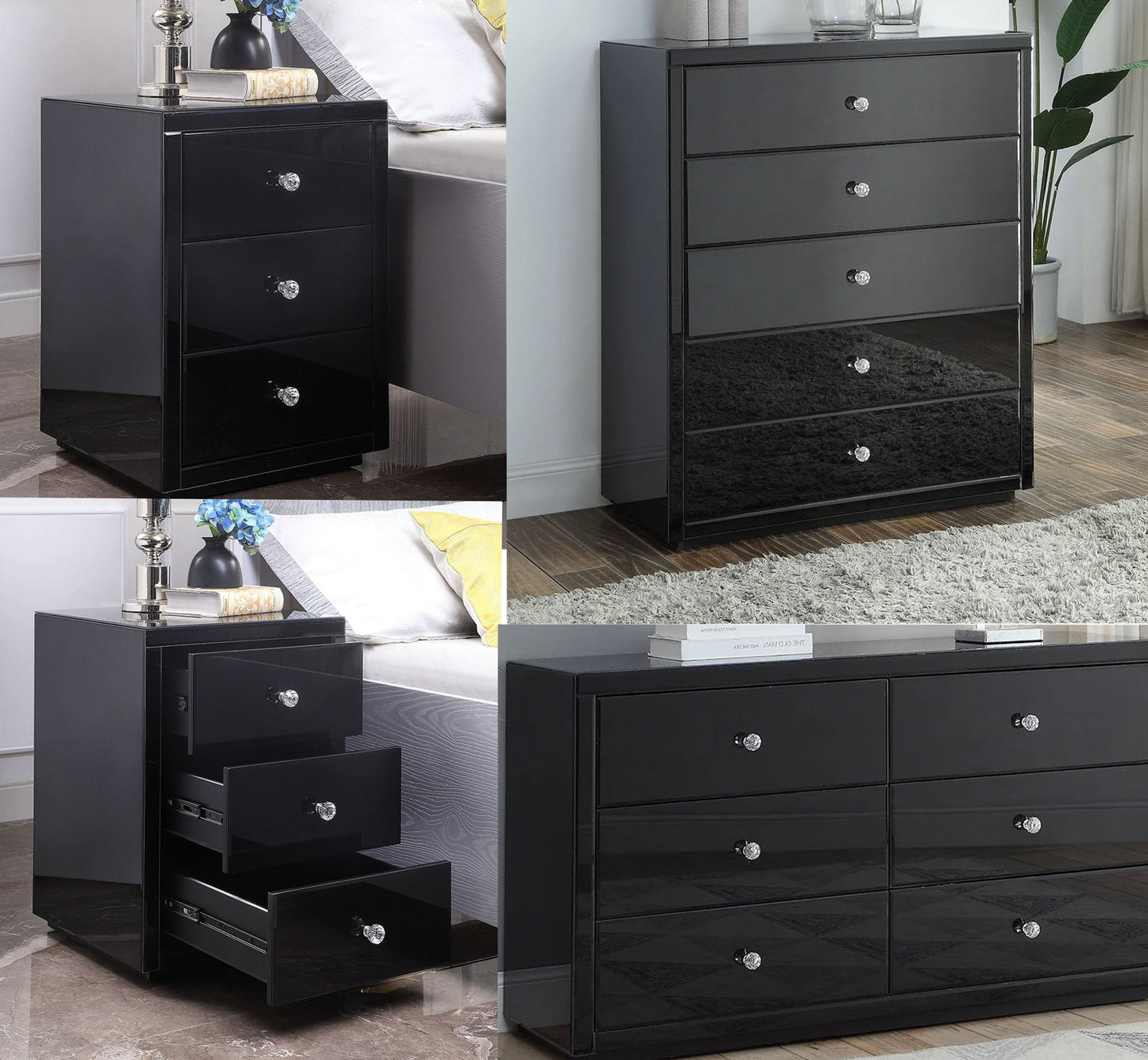 VENICE Black Glass Bedside Tables (Pair) Tallboy and Dresser Package